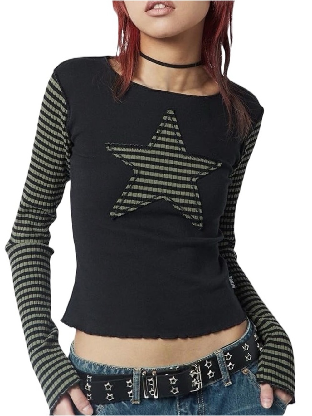 Minga London NWTs Y2K Black Crop Top with Olive Star Striped Sleeves size large